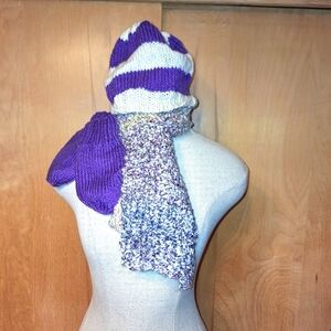 Handknit Scarf, Hat & Mittens Set, in Purple w/Colorful Scarf, Youth 13-18, NWOT